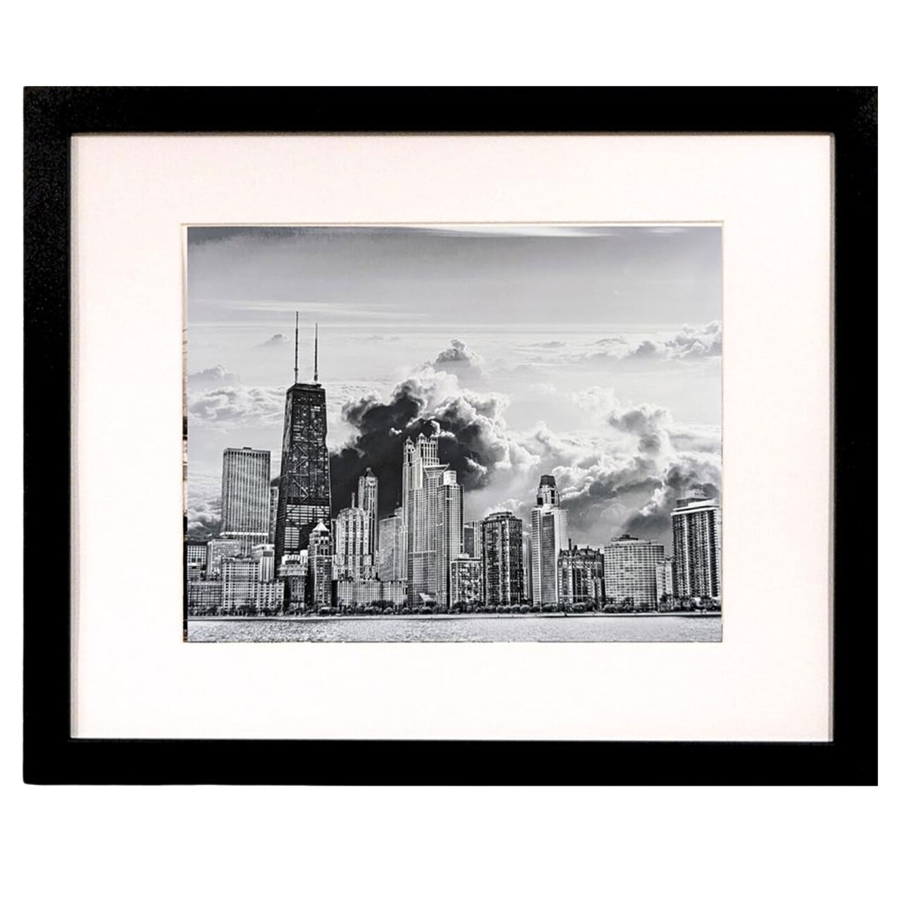 iFrame 18” x 22” Black Framed Chicago City Skyline Print Framed Art Work For Wall Decor With Photo Mat | Chi Town Skyline Wall Art | Black And White Picture Wall Art Decor